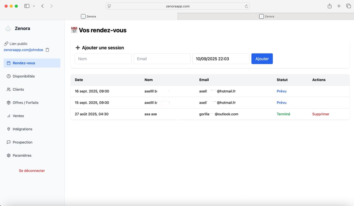 Visuel du dashboard Zenora