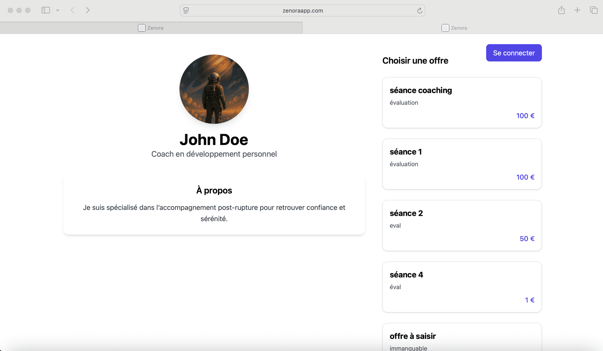 Exemple de page personnalisée de coach